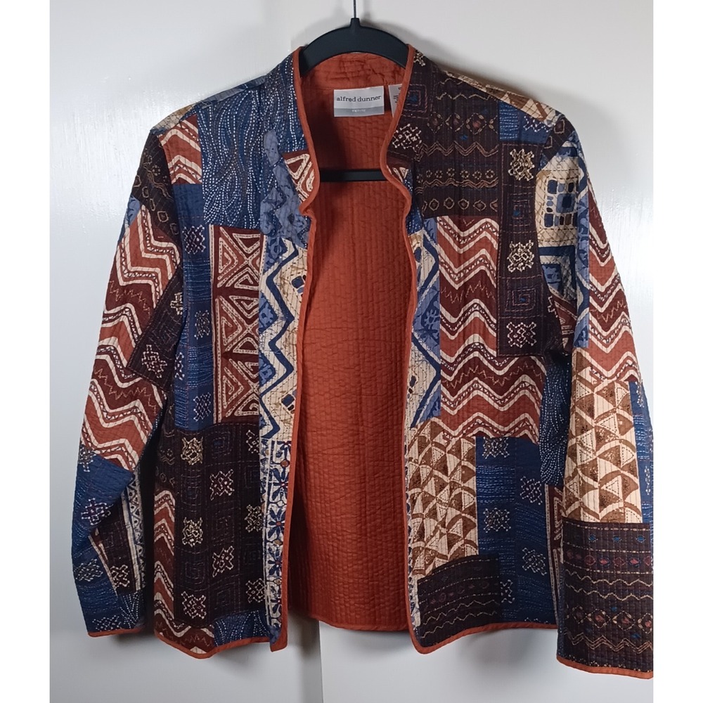 womens Quilted Jacket 12 Petite Open Front orange Grannycore boho western modern